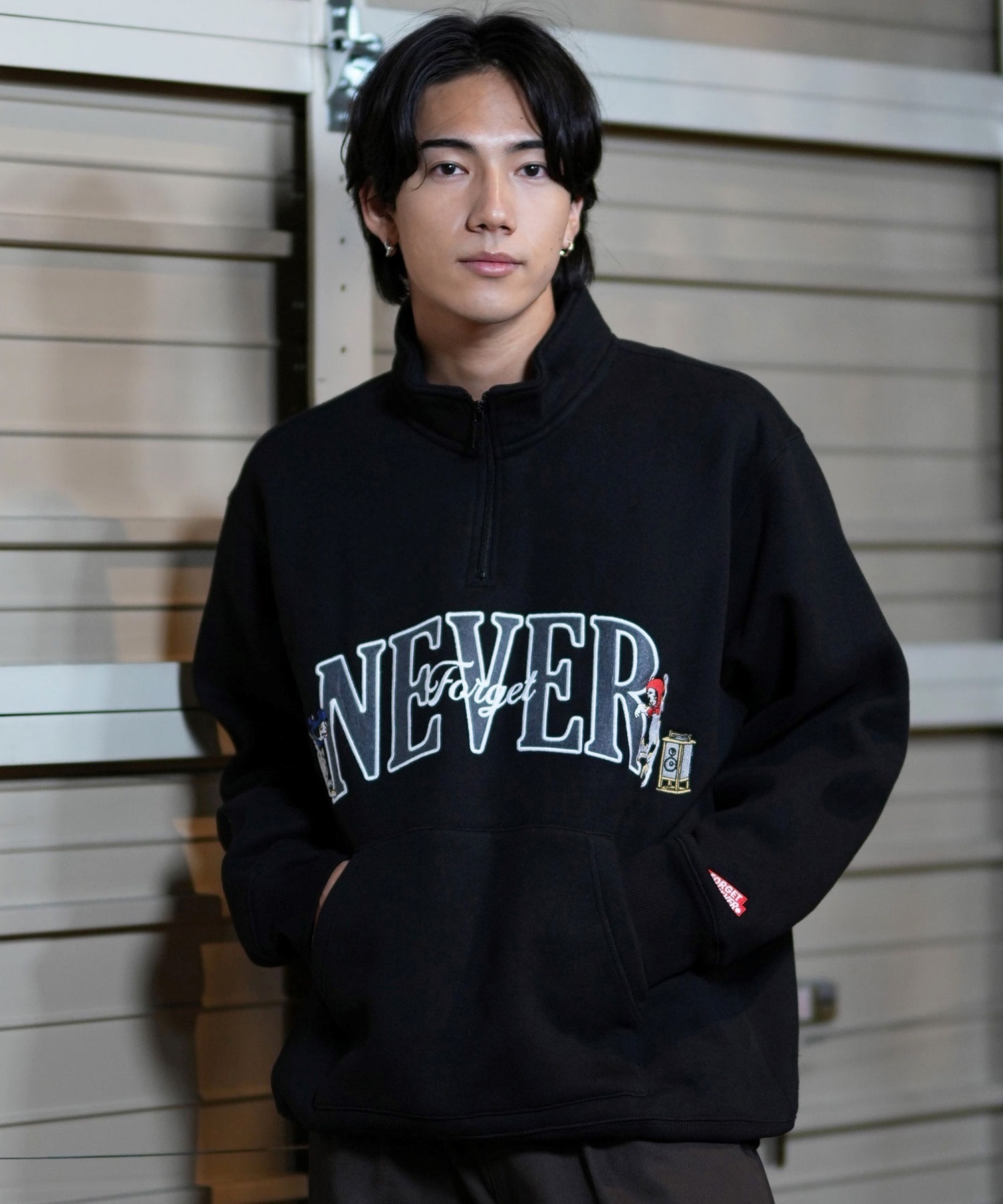 FORGET NEVER フォーゲットネバー ハーフジップトレーナー ビックシルエット 244OO1TR090FN	ムラサキスポーツ限定(BLK-M)