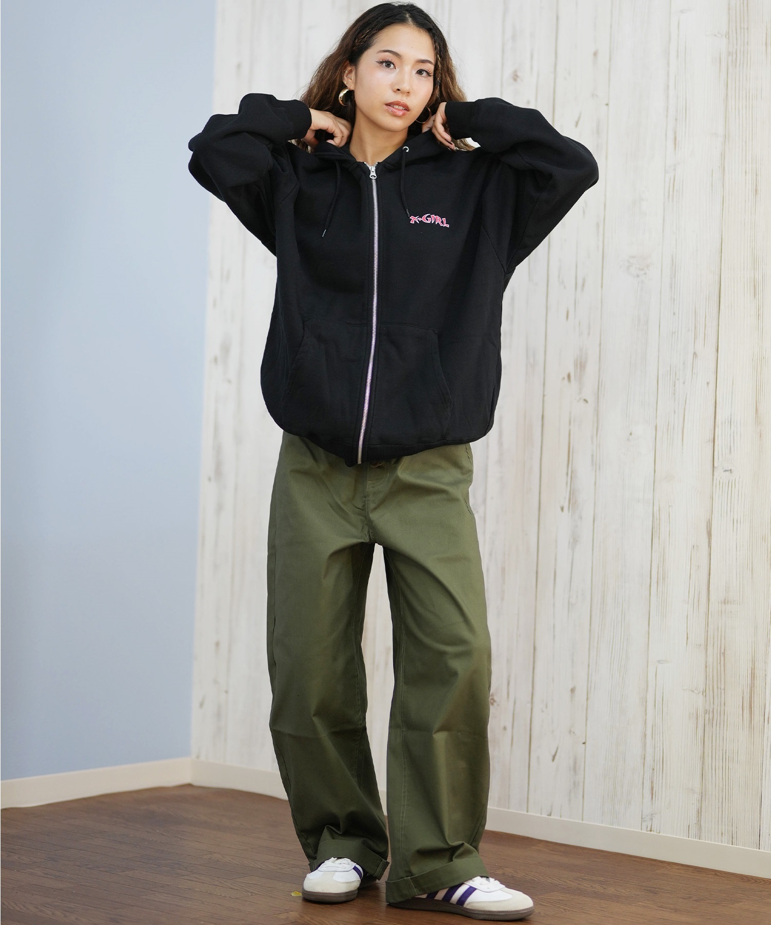 X-GIRL エックスガール ジップアップ パーカー レディース バックプリント ロゴ HEART ZIP UP HOODIE 105253012024(ASH-S)