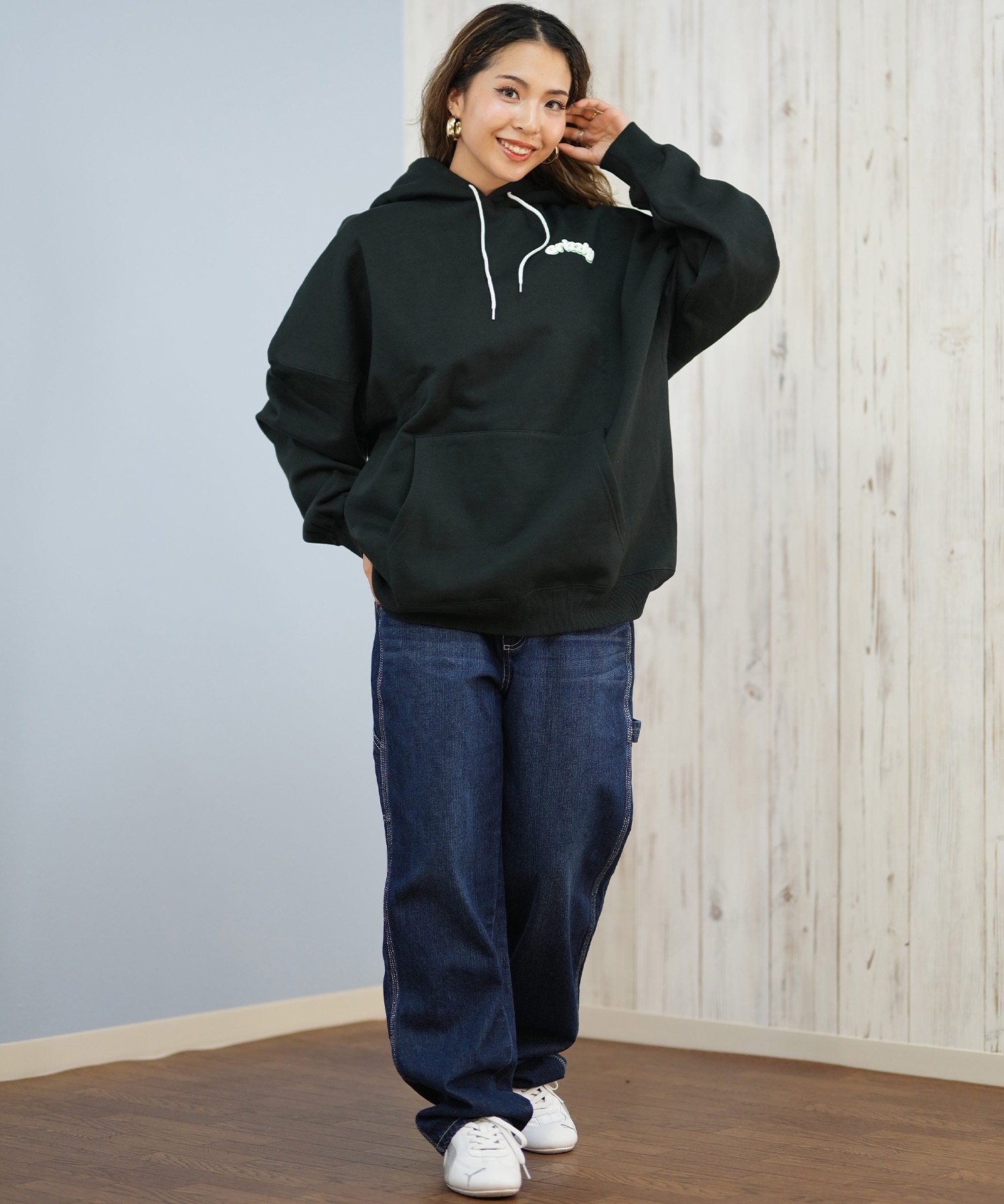GRIZZLY グリズリー プルオーバー パーカー レディース バックプリント ロゴ KNIT HAT SMOKEY G25FW-4333(BLK-M)