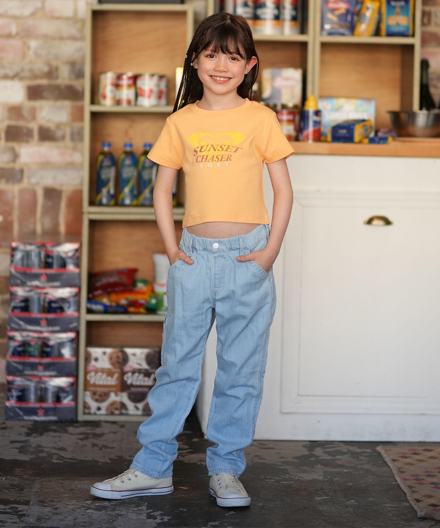ROXY ロキシー 半袖 Tシャツ キッズ ジュニア ショート丈 MINI SUNSET CHASER TST261661M ムラサキスポーツ限定(NVY-130cm)