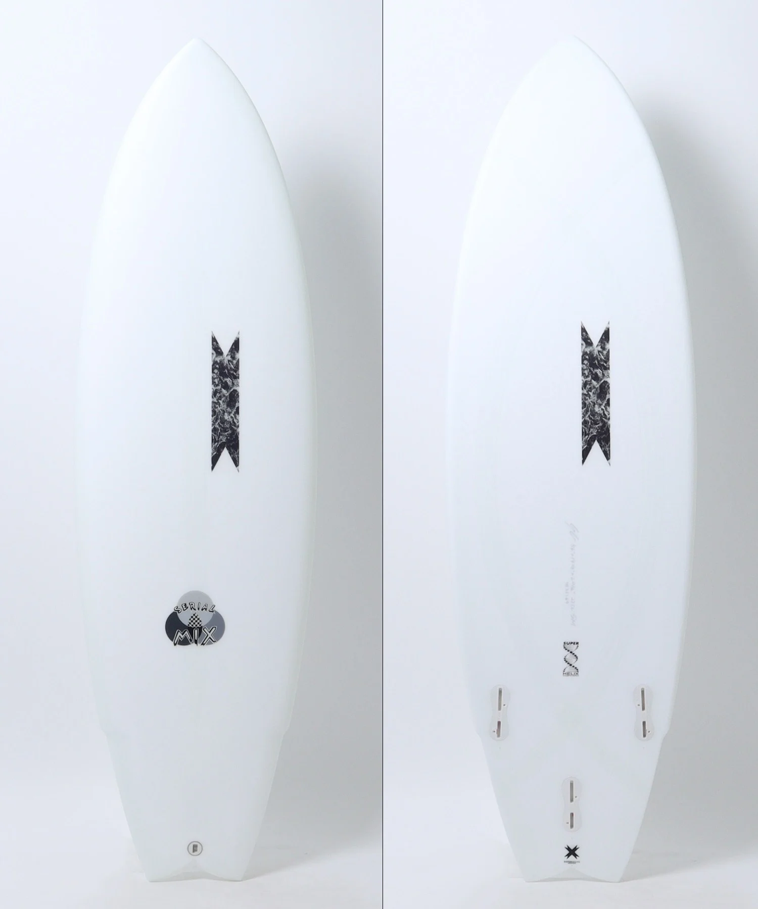 m13531101010008_sub01_LL - SHOP NEWS | ムラサキスポーツオンラインストア 通販 Front and back views of a white surfboard: left side shows the deck with a circular logo near the tail; right side shows the bottom with fin boxes visible.