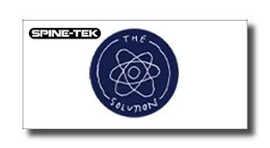 IiRQwX_1 - SHOP NEWS | ムラサキスポーツオンラインストア 通販 White card featuring the Spine-Tek logo top-left and a blue circular 'The Solution' emblem with an atomic model in the center.