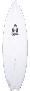 image - SHOP NEWS | ムラサキスポーツオンラインストア 通販 White surfboard shown vertically with a centered stringer and a small black-and-white logo decal in the middle.