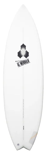 image - SHOP NEWS | ムラサキスポーツオンラインストア 通販 White shortboard surfboard with a black Al Merrick logo along the center.