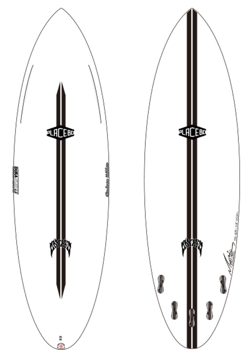 QUIVER KILLER OL - SHOP NEWS | ムラサキスポーツオンラインストア 通販 Pair of white surfboards with a bold vertical black stripe and Placebo logo; left board has single center fin area, right board shows multiple fins attached along the bottom edge.