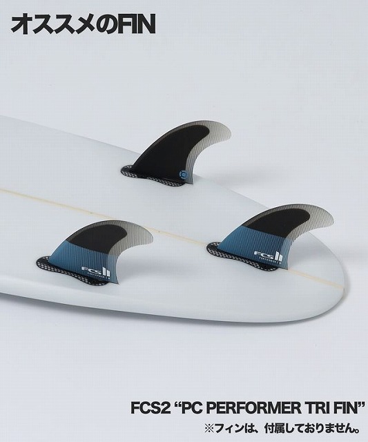 b-UAZ_UHaA - SHOP NEWS | ムラサキスポーツオンラインストア 通販 White surfboard showing three FCS2 PC Performer Tri Fin fins; top Japanese text reads おすすめのFIN, bottom label shows FCS2 PC PERFORMER TRI FIN