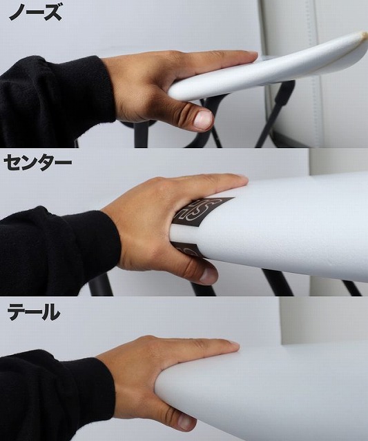 b-UG83-5Rw - SHOP NEWS | ムラサキスポーツオンラインストア 通販 Hand presses a white board at three sections—nose, center, and tail (labels in Japanese).