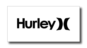 Hurley logo with bold black wordmark and curved crescent emblem on the right