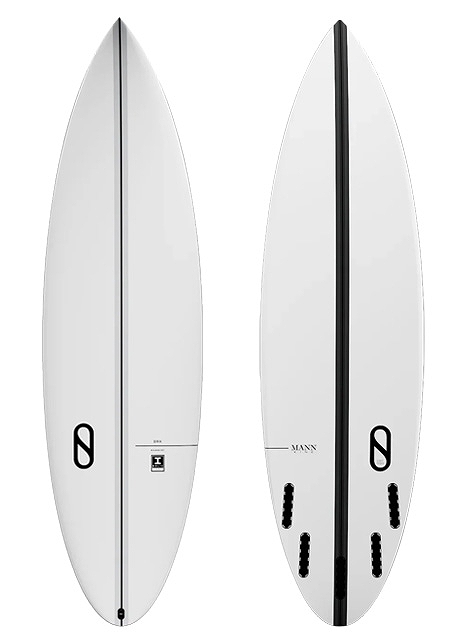 Two white surfboards standing upright side by side against a white background, each with a black center stringer and fin boxes visible.