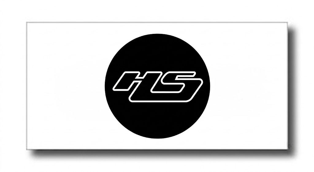 Black circle logo with white outlined letters 'HS' centered on a white background card.