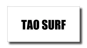 TAO SURF logo: bold black text on a white card with a subtle drop shadow