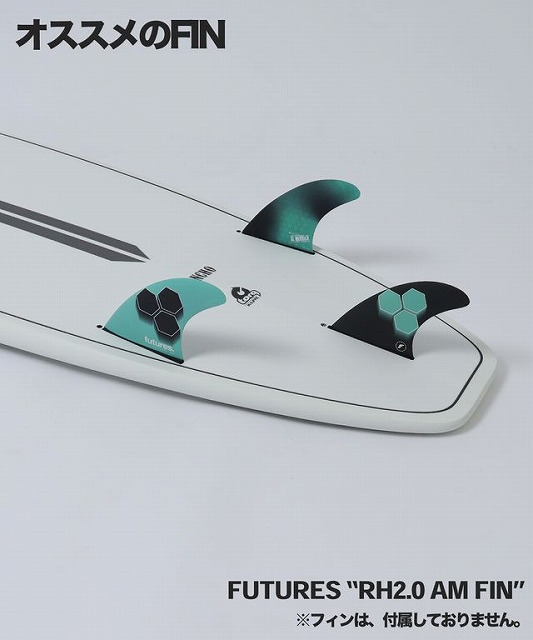 b-7gPbIImg - SHOP NEWS | ムラサキスポーツオンラインストア 通販 Surfboard with three turquoise and black Futures RH2.0 AM fins mounted; header in Japanese saying 'Recommended fins' (オススメのFIN).