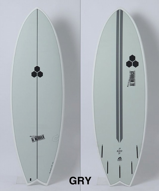 b-9XpHdPVw - SHOP NEWS | ムラサキスポーツオンラインストア 通販 Front and back views of a light gray surfboard with a black hexagon logo, shown upright against a white background.