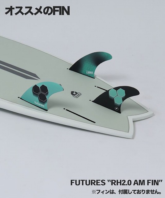 b-OQNsZ_Hg - SHOP NEWS | ムラサキスポーツオンラインストア 通販 Surfboard with three Futures RH2.0 AM fins in teal and black; Japanese text 'オススメのFIN' at top and caption 'FUTURES "RH2.0 AM FIN"' at bottom.