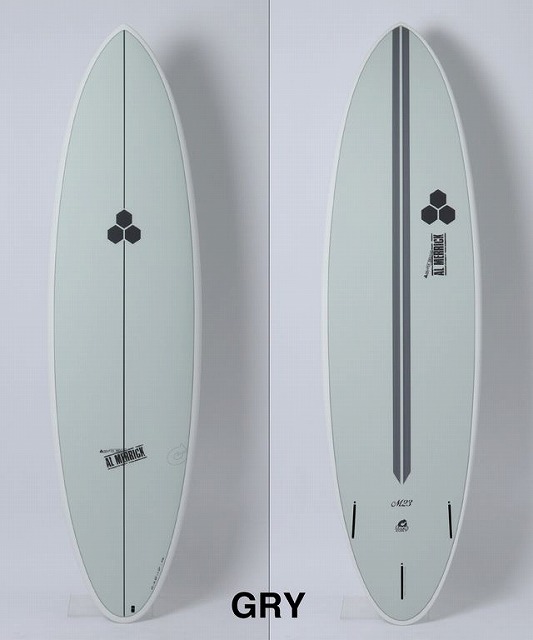 b-RC0tpSEg - SHOP NEWS | ムラサキスポーツオンラインストア 通販 Front and back views of a light green surfboard with a hexagon logo; front shows a single stringer, back has a dark central stripe and fins embedded in the tail area.