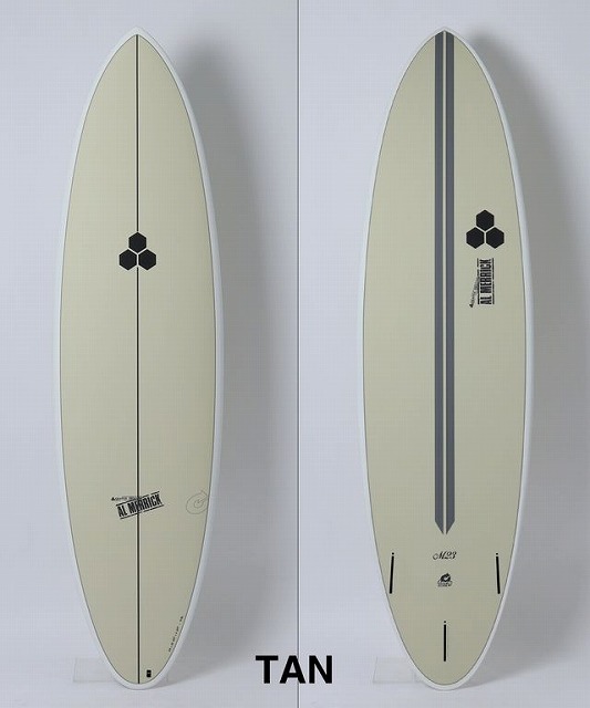 b--RW6IIjg - SHOP NEWS | ムラサキスポーツオンラインストア 通販 Two tan surfboards standing upright side by side, each with a black hexagon logo and sponsor branding along the board edge.