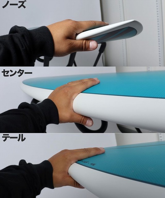 b-VBbczK5Q - SHOP NEWS | ムラサキスポーツオンラインストア 通販 Hands press the edge of a blue surfboard at the nose, center, and tail, with Japanese labels ノーズ (Nose), センター (Center), テール (Tail).