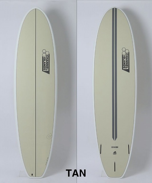 b-fctb5xdw - SHOP NEWS | ムラサキスポーツオンラインストア 通販 Two tan surfboards with Channel Islands logos shown side by side; left board has a central seam, right board features a dark center stripe and fin boxes.