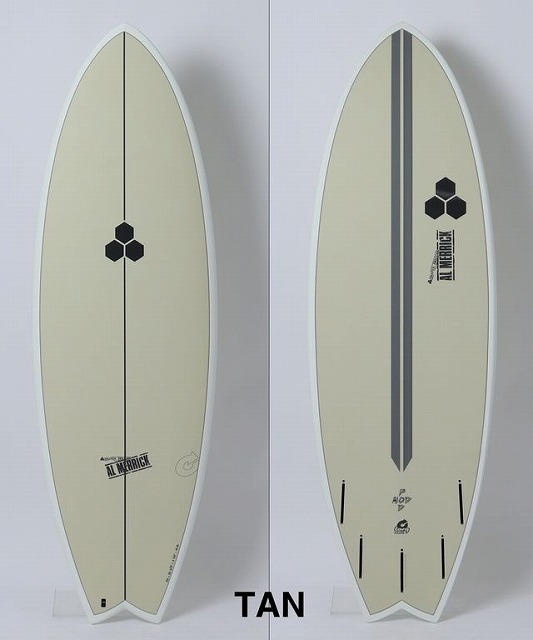 b-fhFq0ovg - SHOP NEWS | ムラサキスポーツオンラインストア 通販 Two tan surfboards shown side by side (front and back). Front has a centered black line and a hex logo; back has two vertical stripes, hex logo, and brand marks.