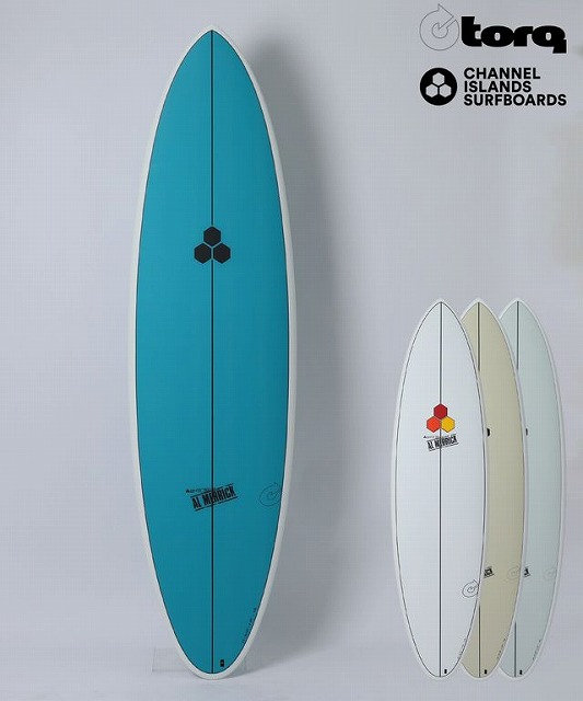 b-fiAdhDJg - SHOP NEWS | ムラサキスポーツオンラインストア 通販 Tall turquoise surfboard on a white backdrop with three smaller white, beige, and light blue boards beside it; logos appear in the top-right corner (Torq and Channel Islands Surfboards).