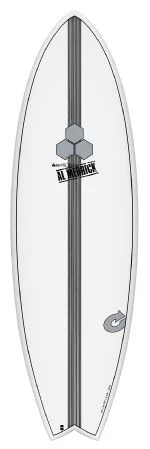 image - SHOP NEWS | ムラサキスポーツオンラインストア 通販 White surfboard with a dark center stringer, a hexagonal All-Around logo midboard, and a round sticker on the lower right side.