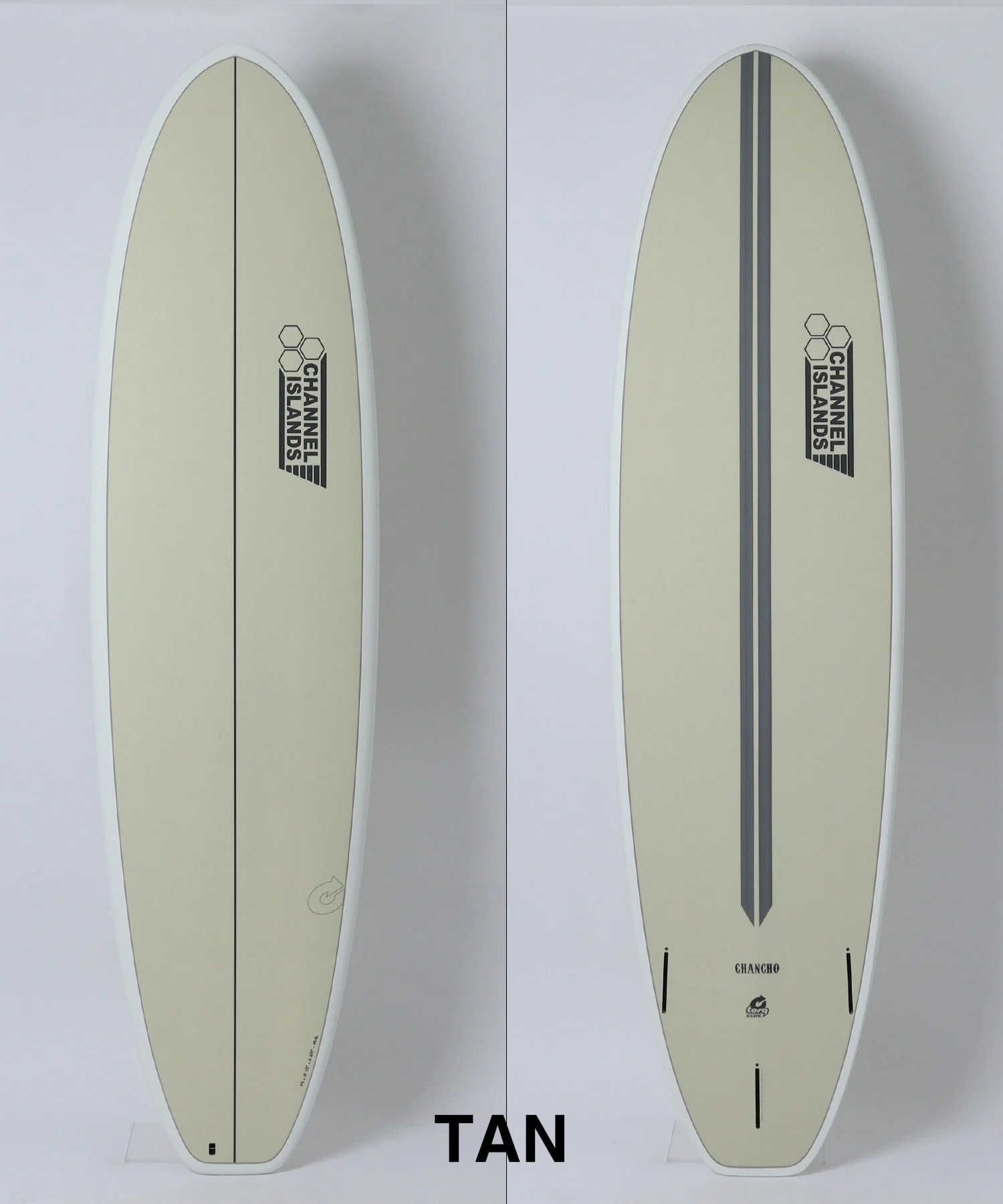 image - SHOP NEWS | ムラサキスポーツオンラインストア 通販 Two tan surfboards shown side by side on a white background; left board has one central black line, right board has two dark central lines, both feature the Channel Islands logo midboard.