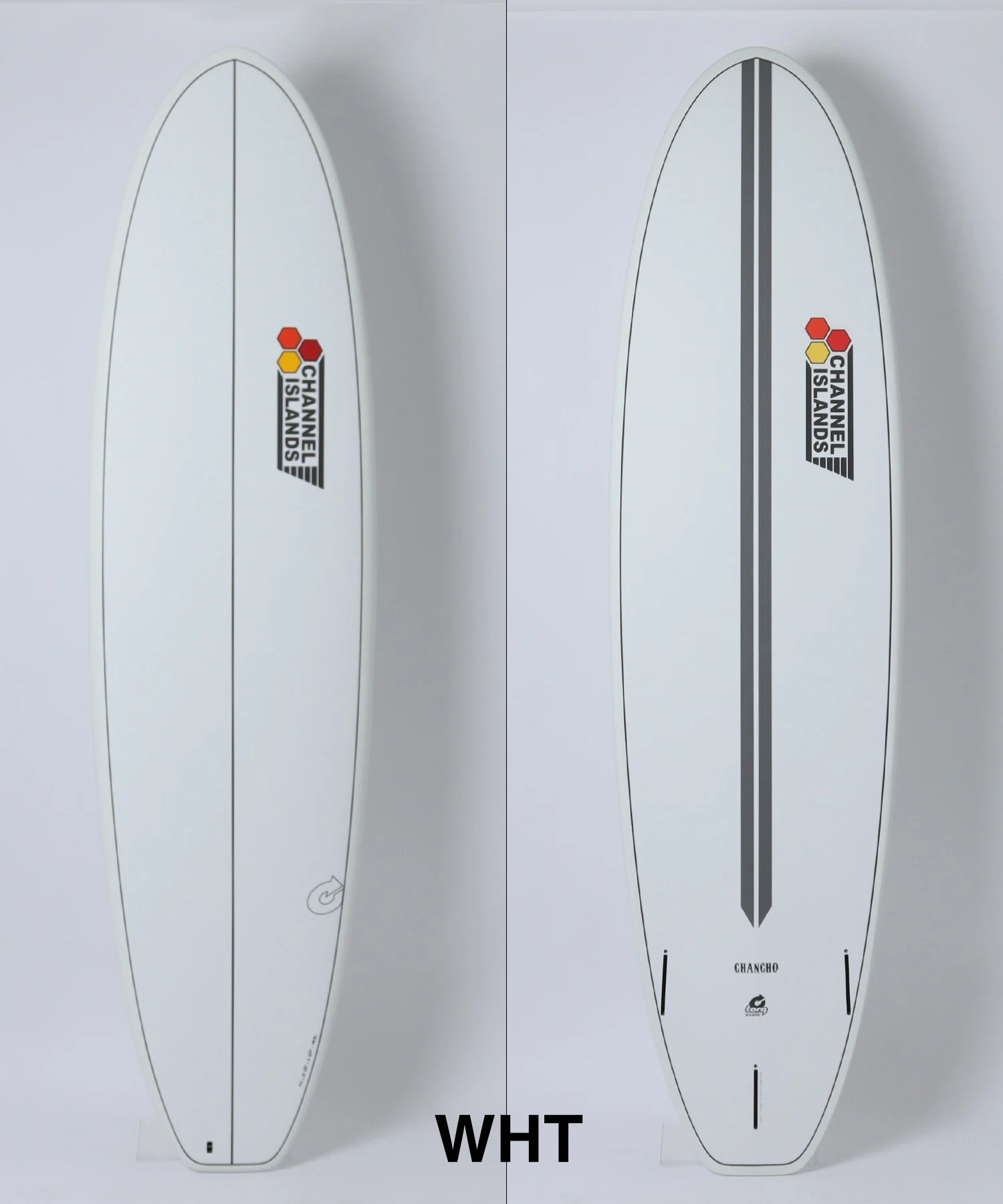 image - SHOP NEWS | ムラサキスポーツオンラインストア 通販 Two white surfboards shown side by side on a white background; left board is plain, right board has a dark vertical center stripe and Channel Islands logo.