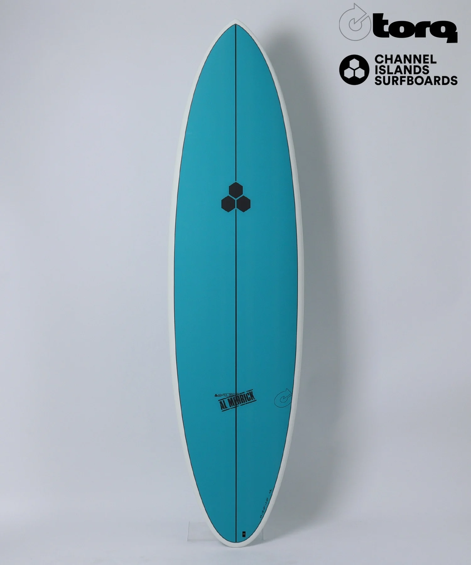 image - SHOP NEWS | ムラサキスポーツオンラインストア 通販 Vertical turquoise surfboard with a white edge, centered stringer, and a small black hex logo; Channel Islands Surfboards and Torq logos appear in the top-right corner.