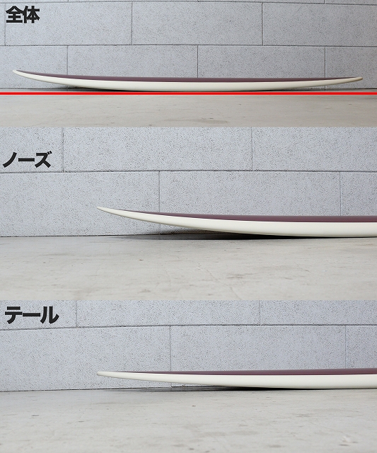 s-n25111101110019_sub03 - SHOP NEWS | ムラサキスポーツオンラインストア 通販 Three horizontal shots of a white surfboard series: a full-length view against a gray brick wall with a red alignment line at top, a middle close-up of the board's nose, and a bottom close-up of the tail; labels in Japanese read 全体 (overall), ノーズ (nose), and テール (tail).