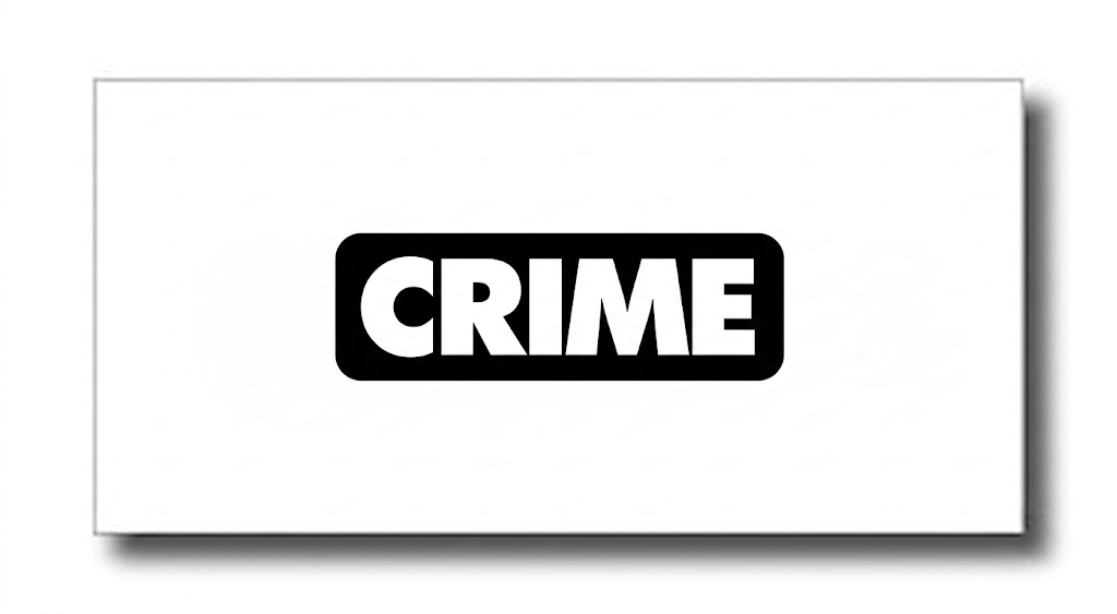 CRIME logo: bold white letters on a black rounded-rectangle background, centered on a white card with a soft drop shadow