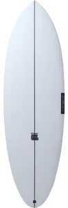 gl_OL-1 - SHOP NEWS | ムラサキスポーツオンラインストア 通販 Top view of a light gray surfboard with a centered stringer and a leash plug at the tail.