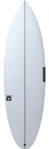 typec_OL-2 1 - SHOP NEWS | ムラサキスポーツオンラインストア 通販 White surfboard, top view, with a centered stringer running lengthwise and a small logo toward the tail.